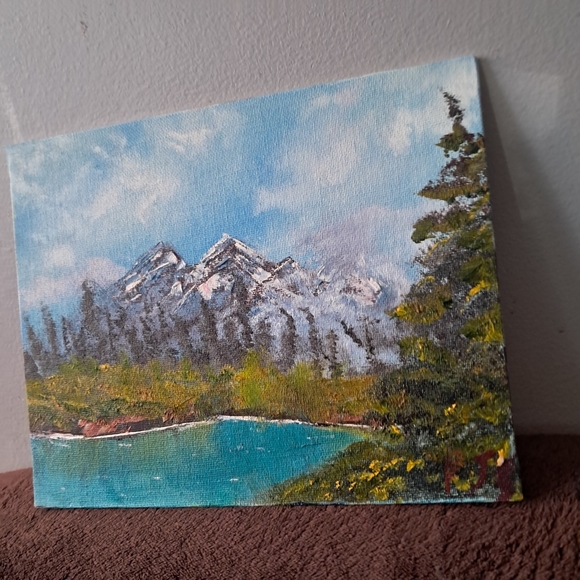 Bob Ross Inspired Hand Painted Canvas Oil Paint Mountains Grassy Feilds - Picture 3 of 5